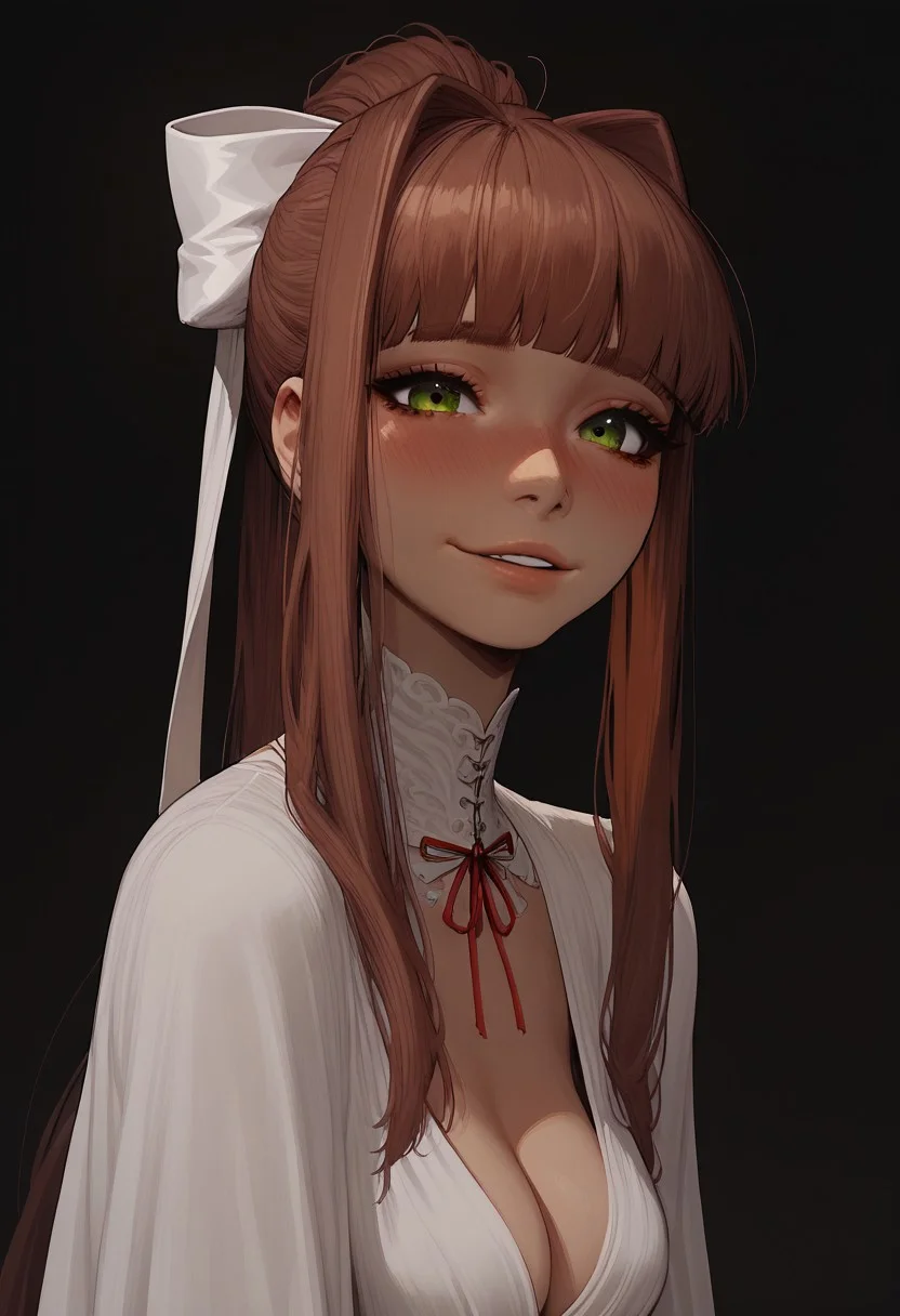 score_9, score_8_up, score_8. score_9, score_8_up, score_7_up, score_6_up, masterpiece, 4k, high quality, (best quality:1.1), ExpressiveH,(close up), face focus
BREAK
1girl, ddlcmonika, blunt bangs, brown hair, green eyes, long hair, ponytail, ribbon, white ribbon, hair ribbon, sidelocks, medium breasts, blushing, looking at viewer, seductive smile, g0dd3ss, white dress, cleavage
BREAK
black background