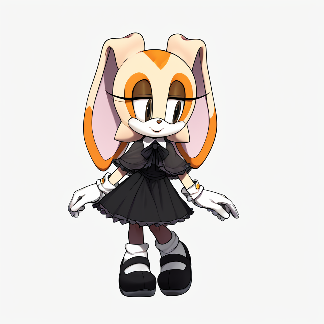 score_9, score_8_up, score_7_up, score_6_up, score_5_up, score_4_up, <lora:Marthedog:1> marthedog, <lora:CreamtherabbitpnyXL:0.8>,1girl, solo, simple background, gloves, white background, dress, ribbon, animal ears, brown eyes, jewelry, standing, full body, shoes, socks, white gloves, black footwear, rabbit ears, black dress, capelet, mary janes, furry, rabbit girl, furry female, black capelet, animal nose, gothic, cream the rabbit , sonic the hedgehog \(series\)