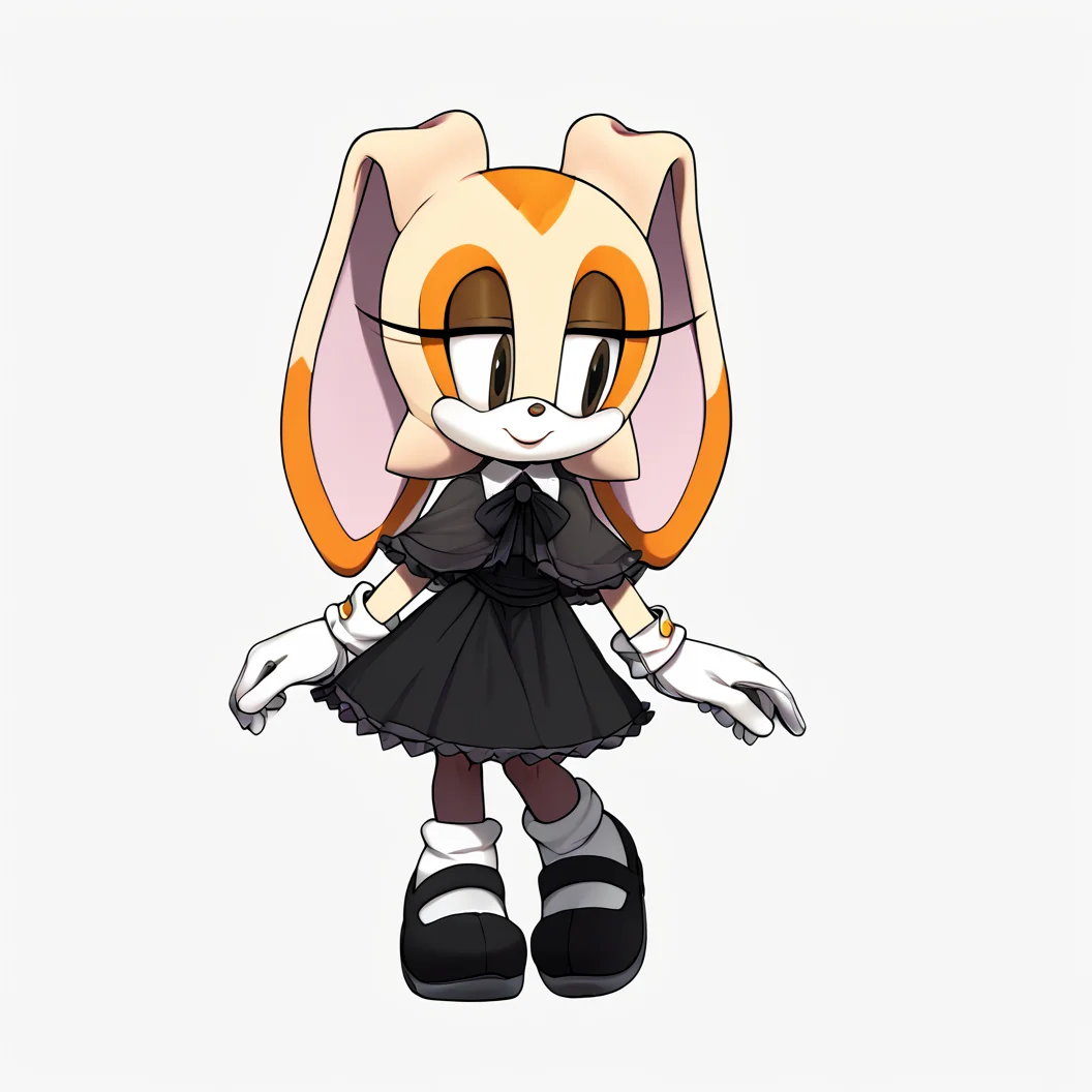 score_9, score_8_up, score_7_up, score_6_up, score_5_up, score_4_up, <lora:Marthedog:1> marthedog, <lora:CreamtherabbitpnyXL:0.8>,1girl, solo, simple background, gloves, white background, dress, ribbon, animal ears, brown eyes, jewelry, standing, full body, shoes, socks, white gloves, black footwear, rabbit ears, black dress, capelet, mary janes, furry, rabbit girl, furry female, black capelet, animal nose, gothic, cream the rabbit , sonic the hedgehog \(series\)