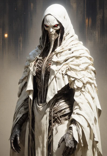 highly detailed and hyper realistic and dynamic.
This is a high-quality digital illustration in a hyper-realistic, cyberpunk style, likely created using advanced digital painting techniques. The image features a humanoid figure with an elongated, smooth, and almost bone-like head, devoid of traditional facial features except for a single, glowing red eye. The figure's skin is pale, ivory and glossy, with an eerie, almost metallic sheen. Long, thin tentacle-like appendages extend from the head, blending seamlessly into the shoulders and upper body, suggesting a cephalopod or alien influence.The figure is draped in a flowing, white, and highly intricate cloak that covers its upper body, adding to the enigmatic and otherworldly appearance. The cloak's texture appears soft yet worn, with subtle creases and folds that suggest movement, even though the figure is stationary. The background is an outdoor futuristic, otherworldly, alien landscape which contrasts with the subject and emphasizes its otherworldly nature. The lighting is soft and diffused, casting gentle shadows that enhance the three-dimensional form of the figure. The depth of field is shallow, keeping the background blurred and the subject in sharp focus. The aesthetic quality of the image is very high, with meticulous attention to detail and texture, making it visually striking and evocative. The overall mood is mysterious and slightly unsettling, fitting well within the cyberpunk and sci-fi genres.