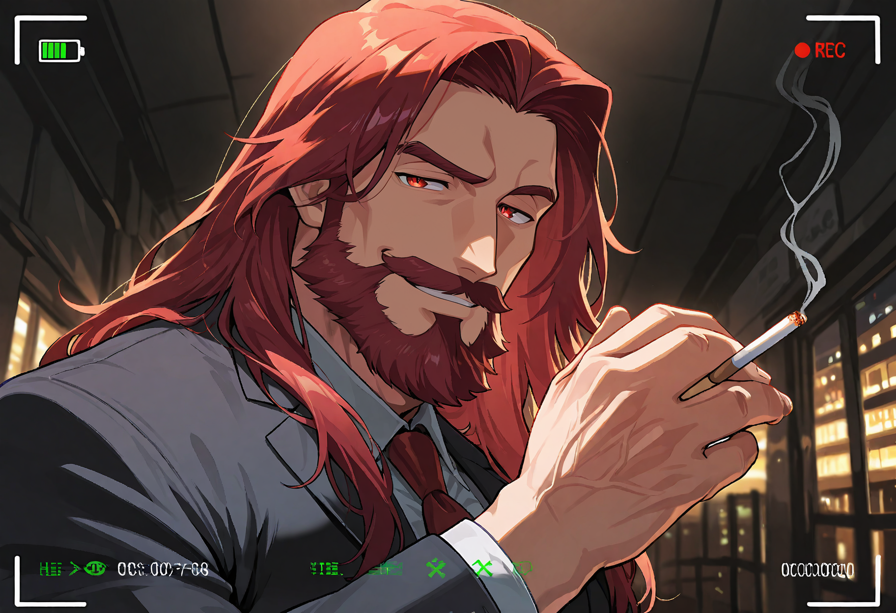 1boy, red long hair, mature male, full beard, business suit,

dark, looking at viewer, side vide, close up, head shot, hand holding cigarette, over shoulder shot, seductive smile,

cam3rafram3, white frame, REC symbol, timestamp, battery icon, HUD overlay, focus markers, 

masterpiece, best quality, absurdres, newest, perfect quality, detailed background, intricate details, great lighting