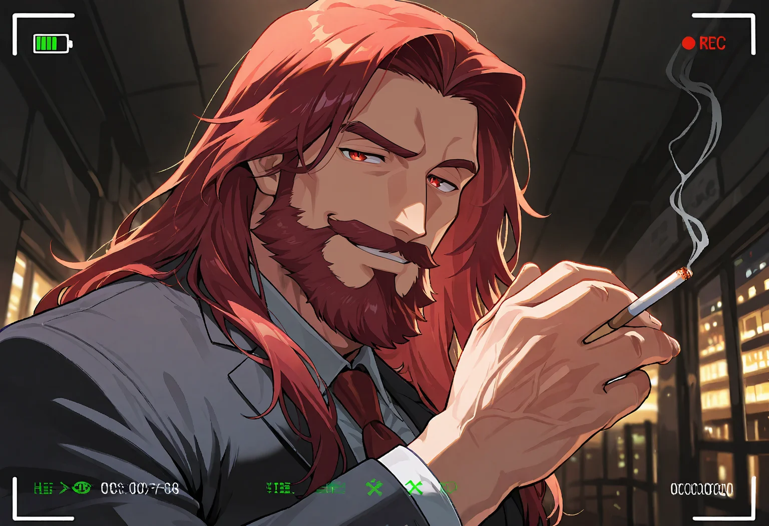 1boy, red long hair, mature male, full beard, business suit,
dark, looking at viewer, side vide, close up, head shot, hand holding cigarette, over shoulder shot, seductive smile,
cam3rafram3, white frame, REC symbol, timestamp, battery icon, HUD overlay, focus markers,
masterpiece, best quality, absurdres, newest, perfect quality, detailed background, intricate details, great lighting