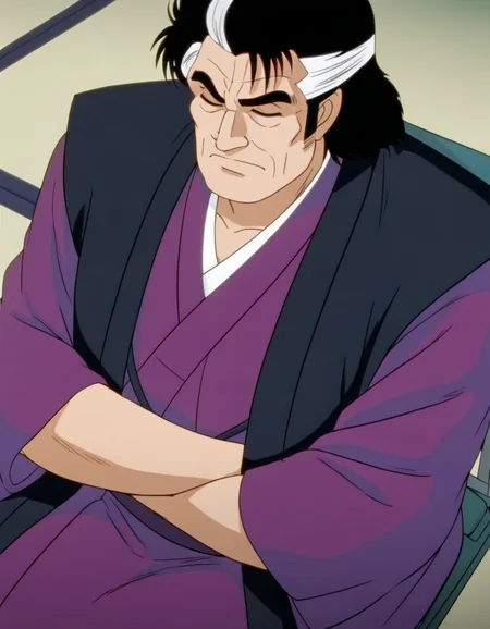 <lora:kaibara_yuzan_ill_0.90-000010:1>, yuzan, oldman, purple kimono, haori, sitting, crossed arm, closed eyes, solo,from above masterpiece, best quality, good quality, anime coloring,