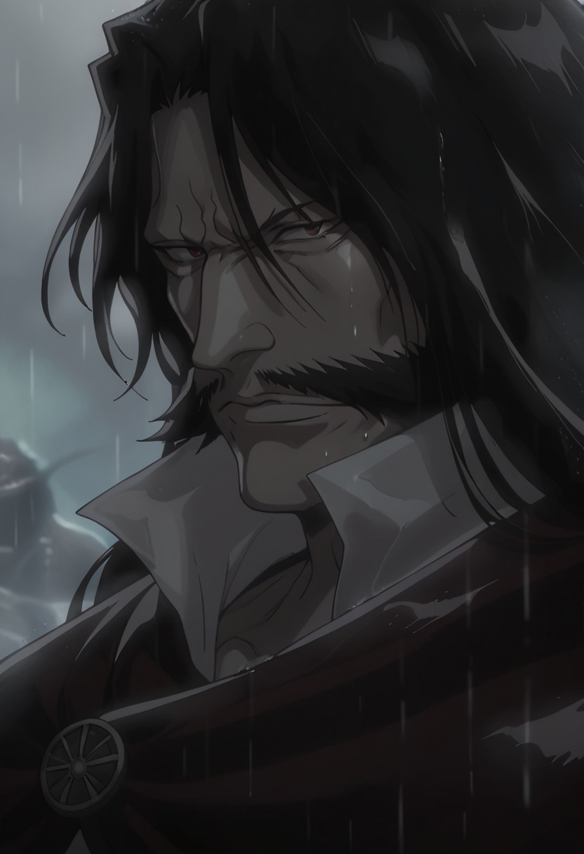 score_9, score_8_up, score_7_up, YHWHSDXL11, black hair, long hair, red eyes, mustache, white overcoat, white pants, crimson cape, upper body, rain  <lora:1111:1.0>