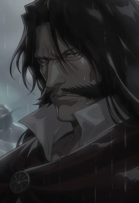 score_9, score_8_up, score_7_up, YHWHSDXL11, black hair, long hair, red eyes, mustache, white overcoat, white pants, crimson cape, upper body, rain  <lora:1111:1.0>
