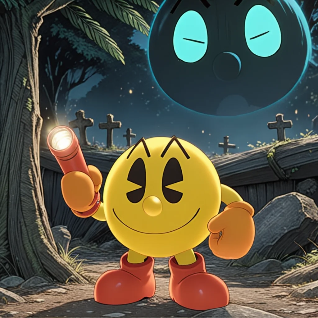 yellow pacmanxl standing, scared, holding flashlight, graveyard, bright blue ghost <lora:PacmanXL:.69>, (anime, masterpiece, intricate:1.3), (best quality, hires textures, high detail:1.2), (4k),(incredibly detailed:1.4),UHD, 8K, ultra detailed