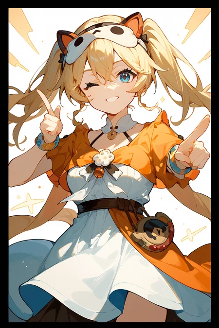 (score_9,score_8_up,score_7_up),<lora:Michele(kalabiqiu)-v1:1>,Michele(kalabiqiu),1girl,blonde hair,blue eyes,one eye closed,long hair,solo,looking at viewer,smile,bangs,closed mouth,dress,pointing at viewer,twintails,hair between eyes,pointing,short sleeves,white dress,headband,breasts,finger gun,border,hair ornament,mask,
good feet,anime,NSFW,expressive,amazing quality,ultra hd 32k,