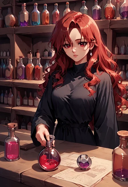 score_9, score_8_up, score_7_up, Expressiveh, masterpiece, source_anime, retro artstyle, Miia, red hair, red eyes, black robes, brewing a potion, working at an alchemist shop, fantasy, indoors, bottles, alchemist tools,