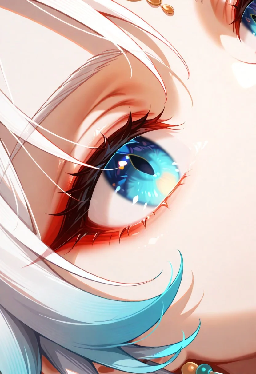 masterpiece, best quality, very aesthetic, absurdres, cinematic, dynamic angle, perfect composition, solo, 1girl, Feixiao, blue eyes, multicolored hair, white hair, long hair, ponytail, red eyeliner, yellow forehead mark, fox ears, ear piercing, tassel hair ornament, tassel earring, extreme eye close up, eye focus, eye reflection, wide eyed, eyelashes, looking at viewer,