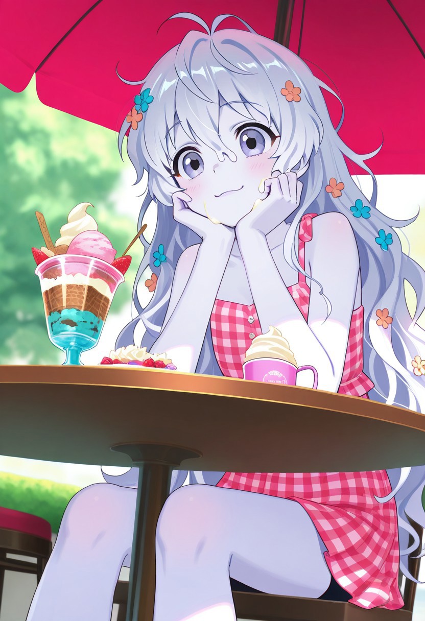 masterpiece, best quality, high quality, high details, source_anime, score_9, score_8_up, score_7_up, extremely detailed,
two zombie characters, sitting at a small round cafe table, enjoying ice cream together, awkward but cute atmosphere, both with puzzled and curious expressions, dressed in mismatched casual summer clothes, pale skin with faint bluish tint, slightly messy hair, flowers or leaves tangled in hair, holding melting ice cream cones, bright and cheerful background, outdoor cafe, colorful parasols, soft warm lighting, pastel tones, medium shot from front and slightly below angle, cinematic depth, gentle sunlight