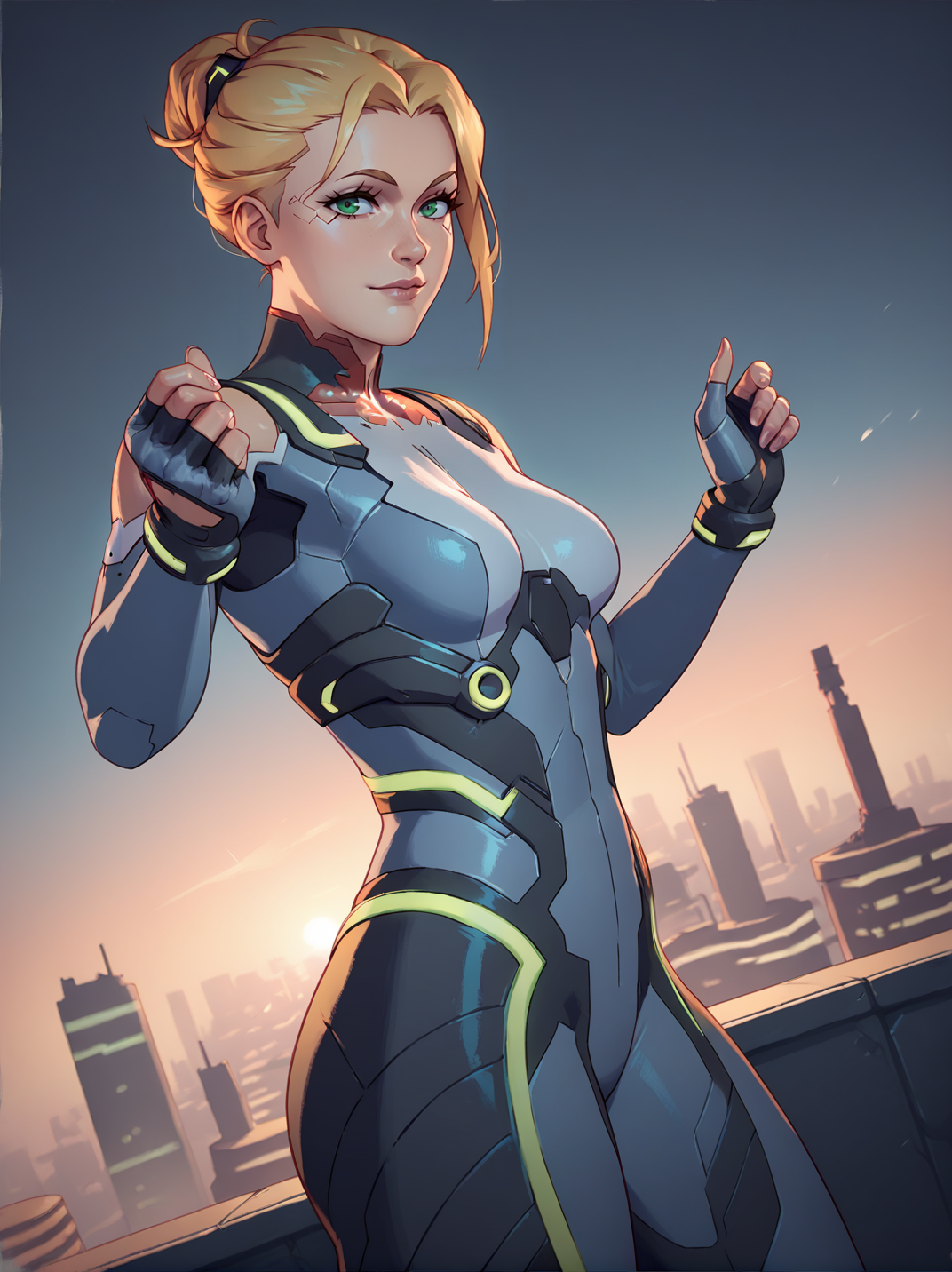 score_9, score_8_up, score_7_up,,
1girl, solo, dynamic pose, dynamic angle, hands up, outdoors, light smile, cowboy shot, dutch angle, medium breasts, from side, sexy pose, looking at viewer, cyberpunk, city,
<lora:AZoeSplitFiction_character:0.8>, ZoeXL, blonde hair, green eyes, neon trim, bodysuit, fingerless gloves, armor, <lora:KajinmanLycoXL:0.7>,