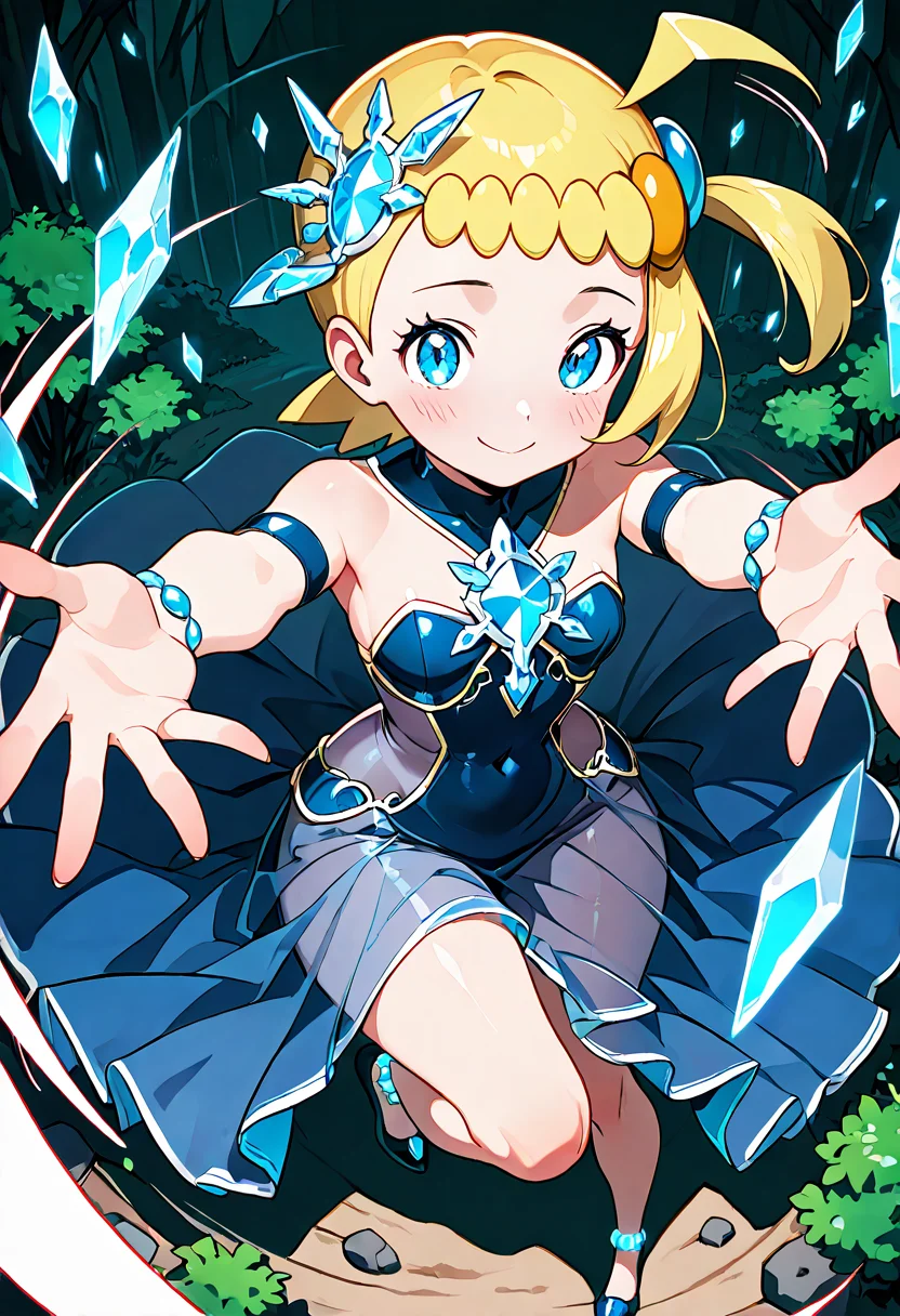 masterpiece, best quality, solo, curvy, beautiful eyes, narrow waist, wide hips, 1girl, solo, smile, looking at viewer, dynamic angle, foreshortening, close up,    zzBonnie, bonnie_(pokemon), blue eyes, ahoge, blonde hair, hair ornament, short hair, side ponytail,  ,<lora:BonniePokemonIXL:1.0>, [Dreamcore Mirror Realm], Translucent gown, crystal anklets, Moving through a foggy surreal forest with floating mirrors and glowing shards, in a dreamlike state.