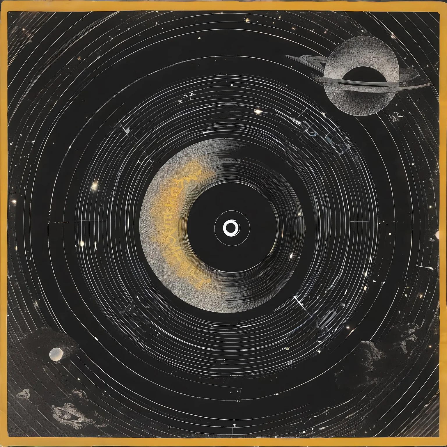 cosmic turntable, solar eclipse of planets:cd's orbiting huge Sun:star vinyl_LP, with solar flare over background grooves etched in universal vinyl LP_record Oort-Cloud, in background of infinite tangled unwound tape-casette-spool of spacetime, within black void