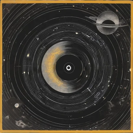 cosmic turntable, solar eclipse of planets:cd's orbiting huge Sun:star vinyl_LP, with solar flare over background grooves etched in universal vinyl LP_record Oort-Cloud, in background of infinite tangled unwound tape-casette-spool of spacetime, within black void