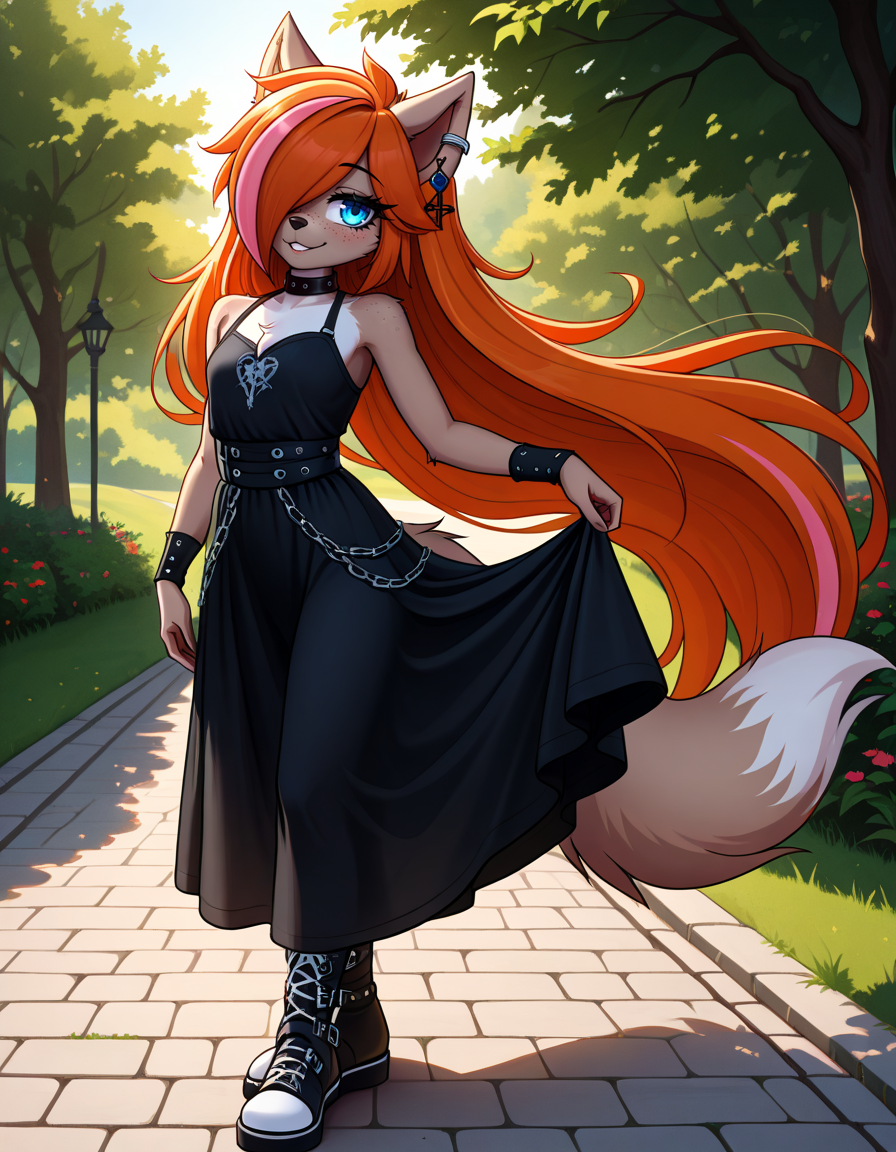 masterpiece, best quality, very aesthetic, absurdres,
outdoors,
full body, posing, 
goth fashion, 
seductive smile, parted lips, long eyelashes,
<lora:Kayla_Kitsune_v01_NAIXL:1>
K4yl4_K1tsun3,1girl,solo,furry,furry female,very long hair,multicolored hair,orange hair,pink hair,streaked hair,hair over one eye,wolf ears,earrings,blue eyes,freckles,snout,animal nose,body fur,two-tone fur,wolf tail