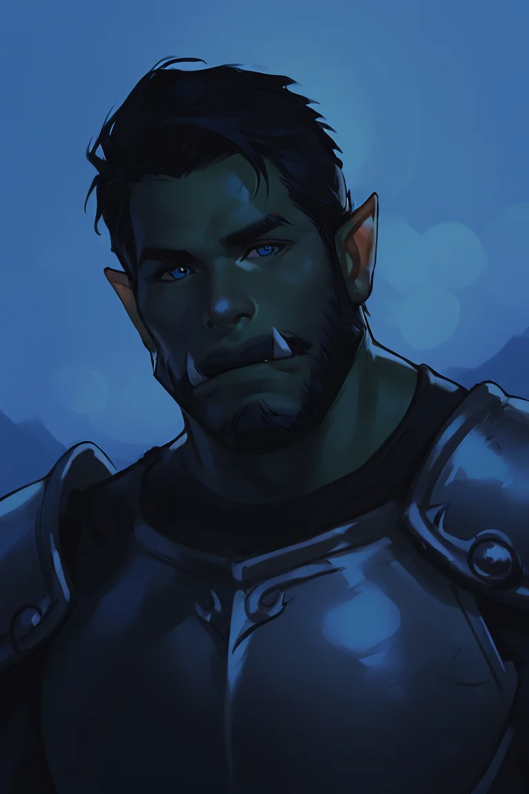 score_9, score_8_up, score_7_up, rating_safe, dark theme, low light, 1boy, solo, male focus, mature male, orc, green skin, tusks, blue eyes, short hair, black hair, facial hair, beard, mustache, looking at viewer, armor, shoulder armor, breastplate, pauldrons, upper body, closed mouth, standing, outdoors, night, night sky, dark background <lora:Smooth Night Style SDXL_LoRA_Pony Diffusion V6 XL:1>