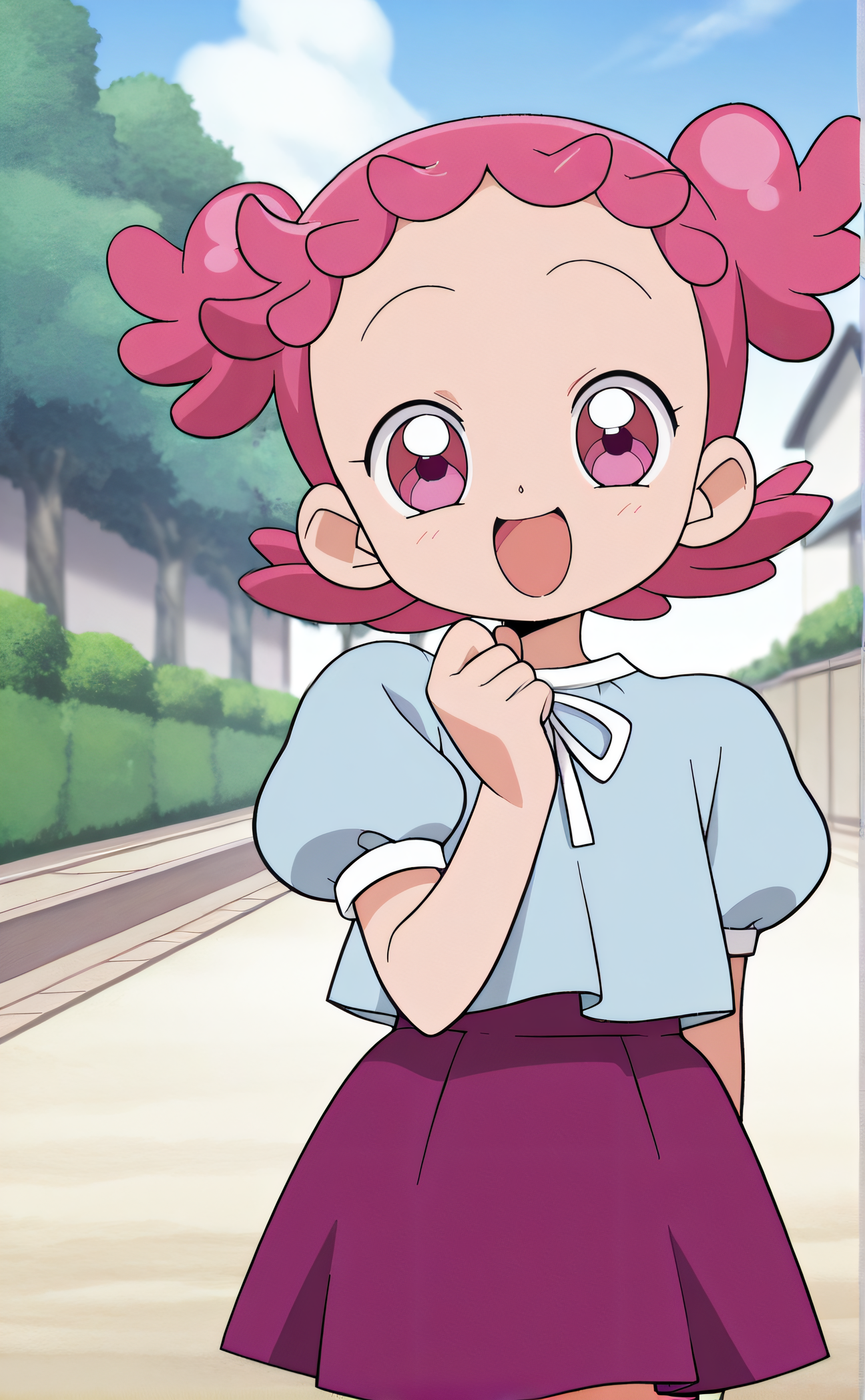 masterpiece, best quality, highres, newest, 1girl, solo, official style, anime screencap, <lora:IL_Harukaze_Pop:1>, harukazepop, child, pink hair, pink eyes, blue shirt, puffy sleeves, purple skirt, looking at viewer, smile, outdoor, cowboy shot, open mouth, hand up