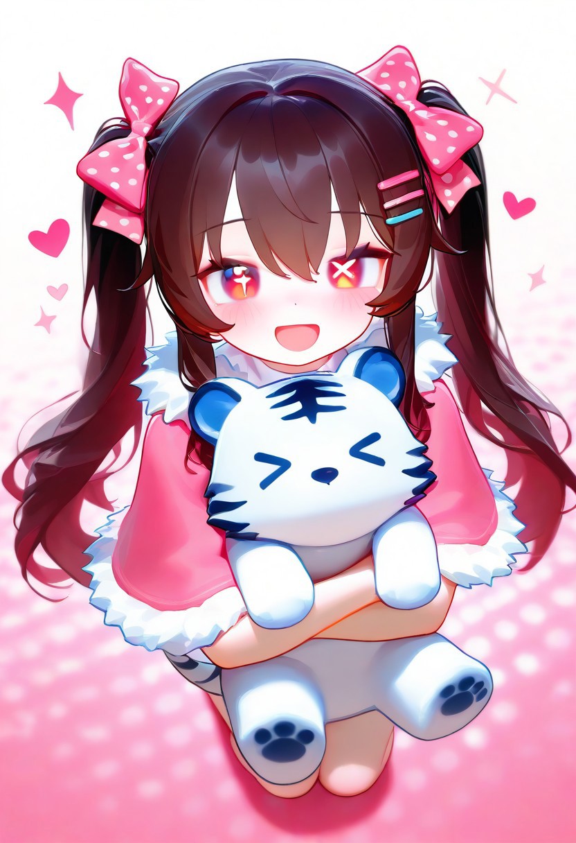 zuppu11 type 2, unnamed_style_1, masterpiece, best quality, 1girl, pink capelet, long straight twintails, capelet, fur-trimmed capelet, hair ornament, fur trim, polka dot, ribbon, blush, solo, pink ribbon, hairclip, open mouth, hair ribbon, smile, bow, long hair, looking at viewer, sparkle, hair bow, black hair, pink bow, one eye closed, full body, paw print, red eyes, >_o, polka dot bow, white background, heart, dot nose, stuffed toy, sidelocks, hair between eyes, stuffed animal, animal, white tiger, chinese zodiac, polka dot ribbon, shirt, polka dot background, gradient background, pink background, white background, blurry background, animal hug, food, white shirt, holding animal, brown hair, holding, sparkling eyes, :d, symbol-shaped pupils, pink eyes, >_<, general