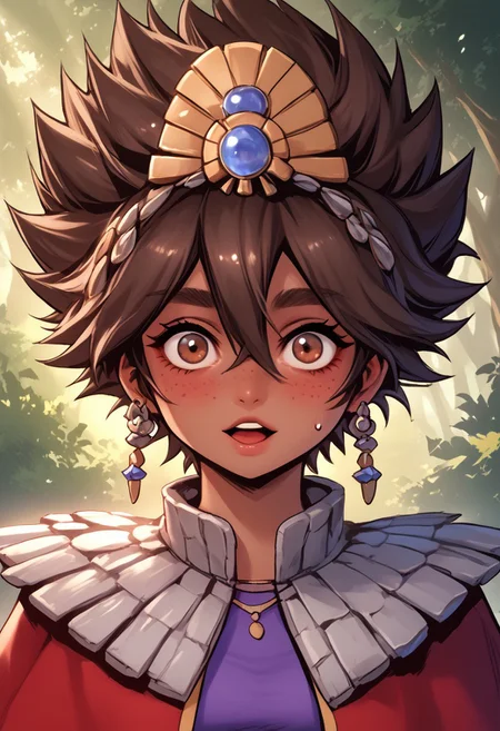 score_9, score_8_up, score_7_up, score_6_up, score_5_up, score_4_up, score_9, score_8_up, score_7_up, detailed, intricate details, chromatic aberration, veins source_anime, , (best quality) , (highly detailed) ,((masterpiece)), ((best quality)), (ultra-detailed), ((extremely detailed)), (high resolution), 4K, (8K), best quality, (beautiful), (dynamic lighting), (super detailed skin), sharp focus, (1_girl, solo focus), score_9,score_8_up,score_7_up,anime coloring, big eyes BREAK source_anime,anime, TaliyahLoLXL, dark skin, tanned skin, Dark skin female, dark skined, freckles, brown eyes, brown hair, short hair, sidelocks, hair between eyes, hair ornament, spiked hair, medium breasts, stone capelet, cape, red jacket, purple dress, solo, front view, solo focus, wide eyed, panicked, panic, waving arms, mouth open, blushing, suprised, sweating, bewildered, hands up, looking at viewer, forest, tree <lora:TaliyahLoLXL:0.9>
(Upper body, portrait) , phantom_ix_row_style, masterpiece, best quality, <lora:PhantomIxRowStyle:0.9>, "Closer to artist's style"