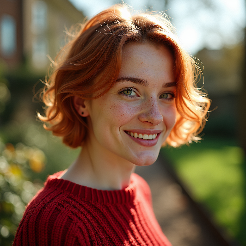 Professional photography, sunlight, 35mm film, sharp lens, shot from a low angle, closeup photo of a young woman wearing a red wool textured sweater with short red hair in London garden, side profile, candid smile, warmth in her expressive eyes, her green eyes catch the light in an appealing manner. The photo is a production still for a movie, the focus is sharp. Daytime spring garden, dirt obscuring the ground. Professional lighting and color grading for a clean sharp film look. Her face is evenly lit showing light freckles and natural skin imperfections and visible skin pores.