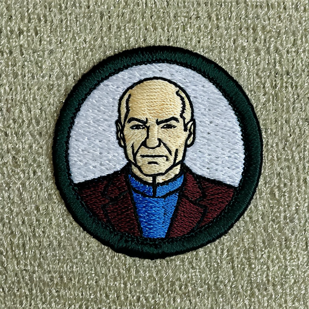 macro photograph of a circular embroidered patch of Jean-Luc Picard  ,  in meritbadge style, plain background, extremely detailed, contrasting complementary colors, vignette, symmetry, centered, <lora:meritbadge_StyleXLv7.0:1>