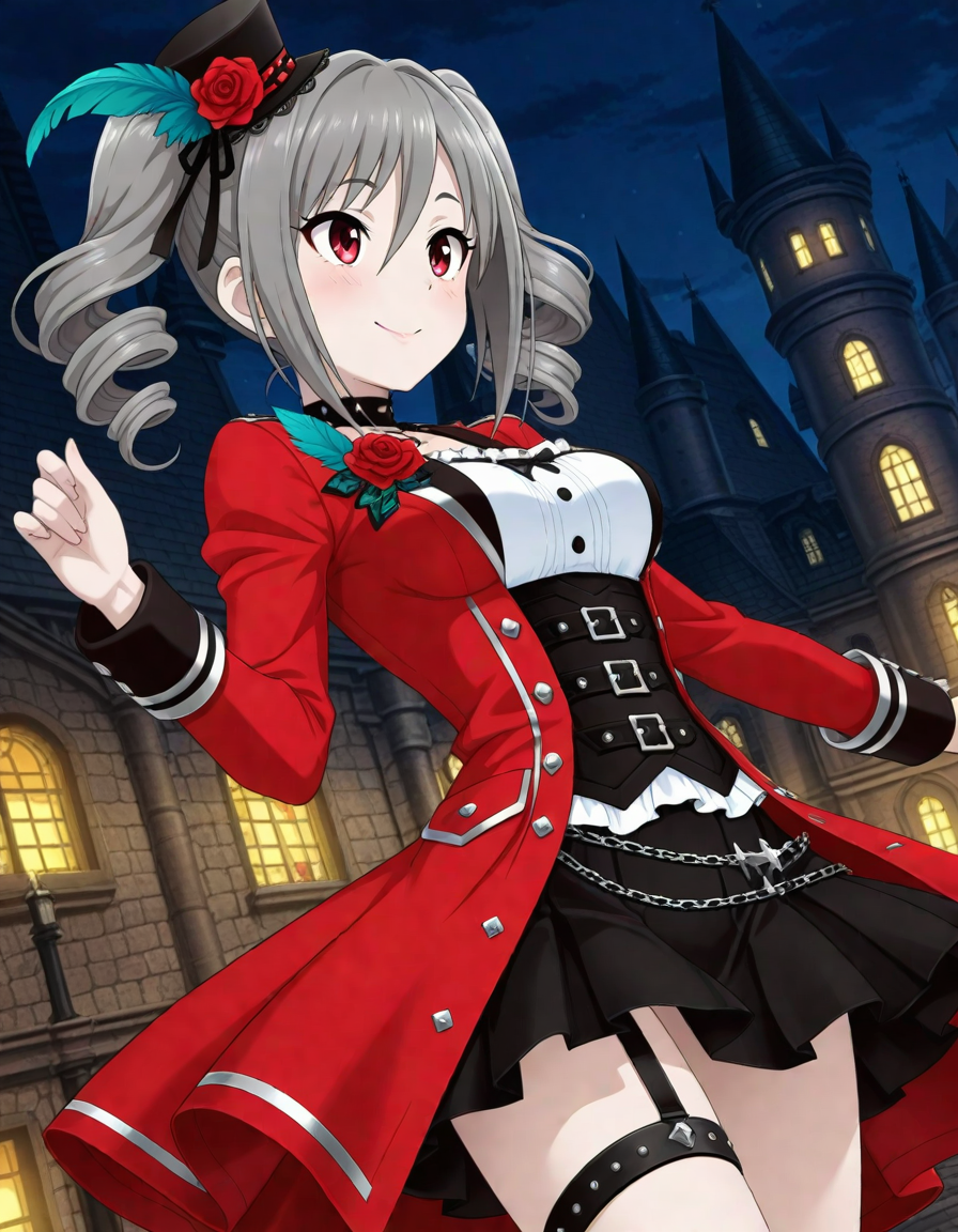 masterpiece,best quality,absurdres,official art,official style,source_anime,anime screencap,anime coloring,
<lora:Hyper-SDXL-8steps-lora:1>,
kanzaki ranko, 1girl, solo, grey hair, red eyes, twintails, drill hair, twin drills, ribbon, hair between eyes, medium breasts, 
 <lora:crimsonrockers_IL:0.8>,crimsonrockers,red coat, long sleeves, black skirt,pleated skirt, flower, black mini hat,hat feather,hat flower, red rose,green feather,  black choker, belt, thigh strap,  garter straps, corset, blush,
smile, from below,  castle, night, cowboy shot, (from side:0.7), dutch angle,
