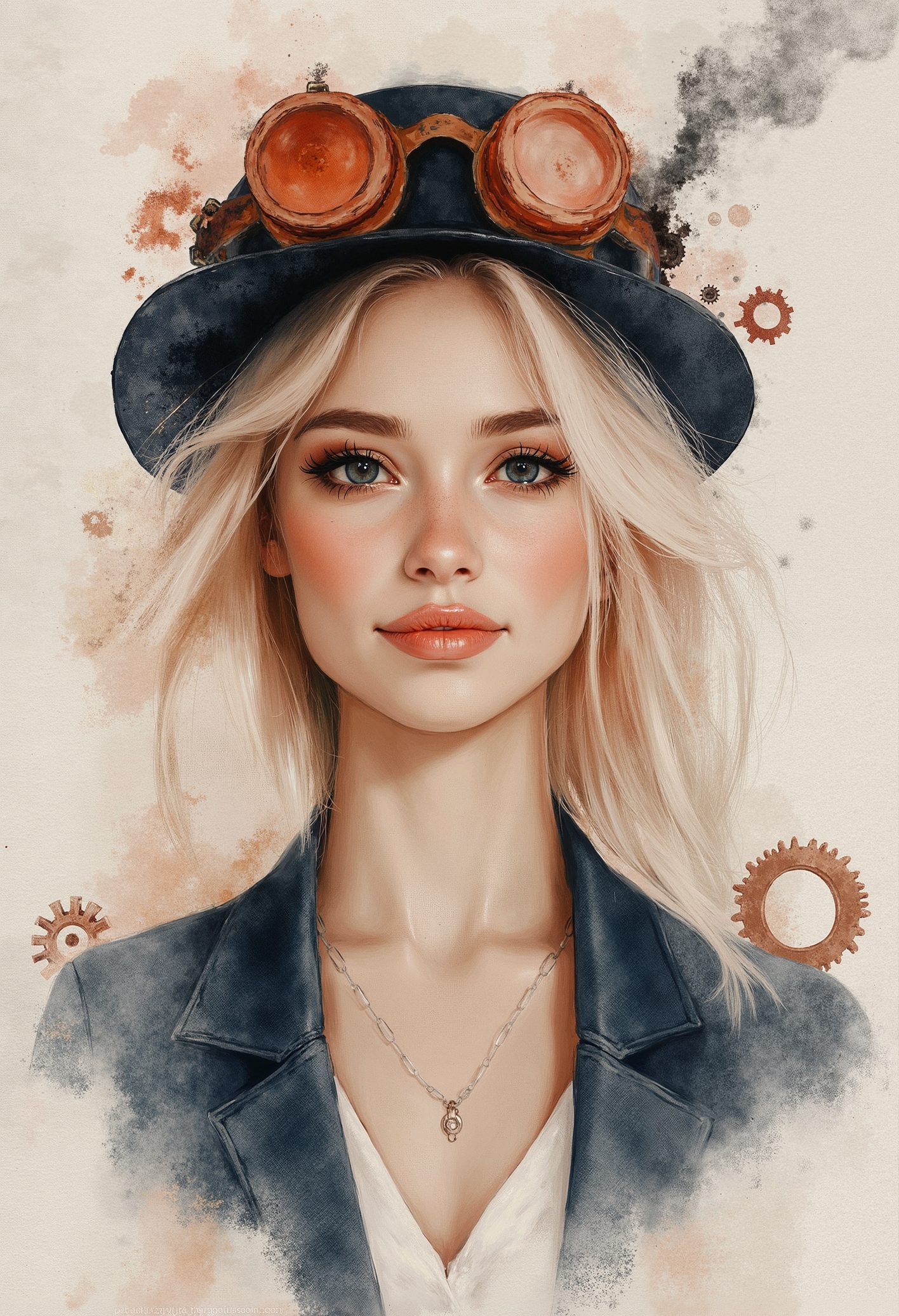 pst007, A beautiful 40 year old woman is depicted in a steampunk style, wearing a hat with gears and goggles on her head. Her hair is golden-blonde and cut in a pixie style and a steam engine is visible behind her. The artwork is rendered in a photorealistic style.