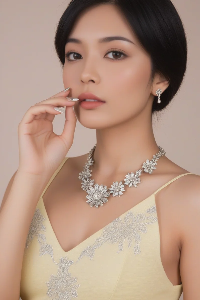 The image portrays a woman,holding a white flower close to her face. She possesses short black hair and wears a light yellow dress with intricate patterns. Around her neck is a delicate silver necklace,and she has on matching silver earrings. Her nails are painted with a design that complements the overall aesthetic of the image.,