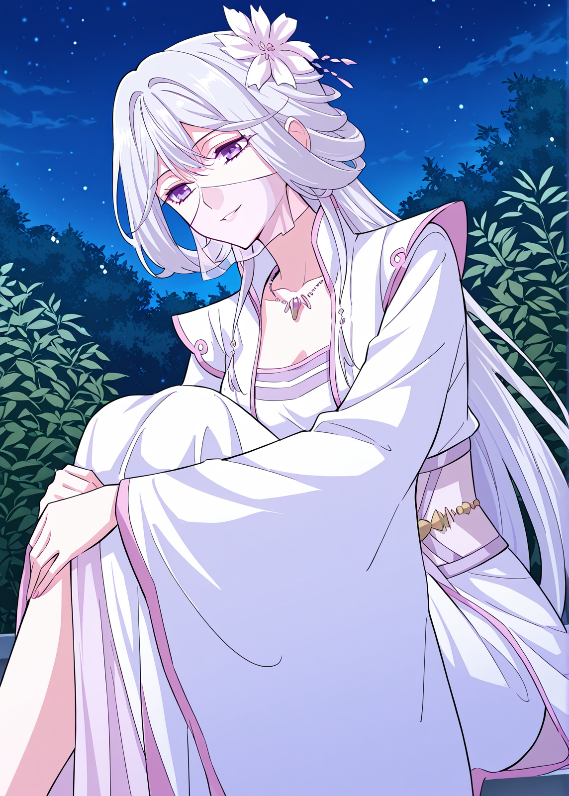 <lora:Chu_Qingcheng__Demon_Emperor__Illustrious:1>
1girl, solo, white hair, long hair, straight hair, hair flower, parted bangs, sharp eyes, purple eyes, face mask, white mask,
elegant outfit, white dress, layered dress, pink trim, high slit dress, wide sleeves, flowy fabric, gem necklace, ornamental belt, waist gems, high collar, shoulder armor detail, 
score_9, score_8_up, score_7_up, very aesthetic, source_anime, detailed, high quality, beautiful, detailed eyes, masterpiece, best quality, absurdres, perfect anatomy, 1girl, solo, hugging your own legs, sitting, garden background, charming smile, night