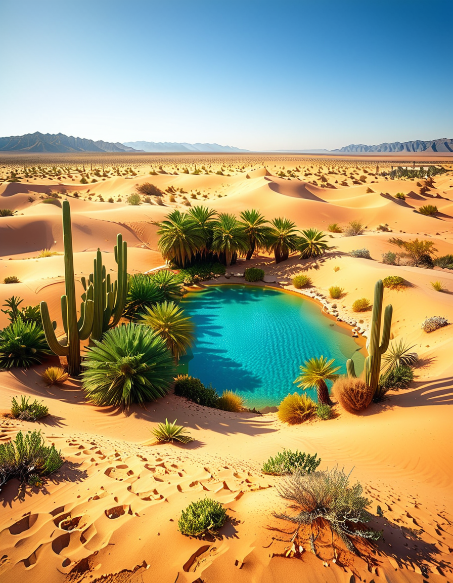 A serene oasis in the middle of an expansive golden desert, surrounded by rolling sand dunes under a vibrant blue sky. The oasis features a small, crystal-clear lagoon with calm, reflective water, bordered by lush green palm trees and colorful tropical plants. The scene is bathed in warm sunlight, with soft golden light illuminating the sand and creating subtle shadows among the dunes. In the background, faint silhouettes of distant mountains blend into the horizon. A few wisps of white clouds drift lazily in the sky, adding depth and texture to the composition. The overall atmosphere is peaceful and tranquil, evoking a sense of calm and wonder in the harsh desert landscape.<lora:SDXLFaeTastic2400:0.4> <lora:extremely_detailed:0.4> extremely detailed, <lora:O4s1s:1>,O4s1s, Masterpiece,best quality,hi res,8k,hi res,8k,award winning,(sharp focus, intricate, highly detailed),