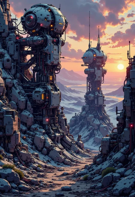 in the style of ck-mgs, A digital artwork in the style of cknc, a_skynet_cyberdyne_craft, the image is featuring an anime image of a forbidding mountain pass at sunset, guarded by two colossal gun towers, with huge laser turrets, made of a gleaming silver alloy with glowing led lights, and covered in intricate neon yellow electrical circuitry