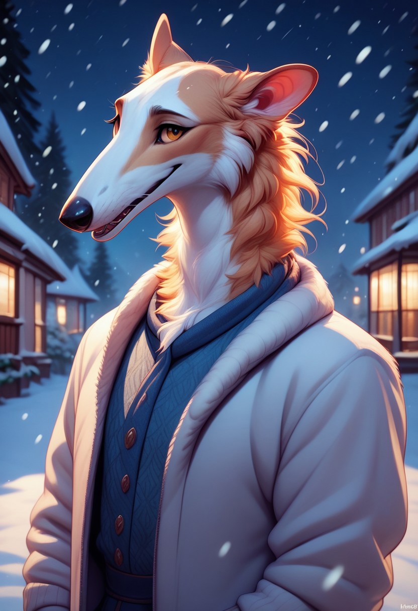 score_9, score_8_up, score_7_up, perfecteyes, winter garden, Anthro,   Borzoi ,long snout, snowfall , night, borzoi_anthro