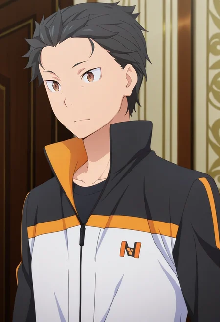 masterpiece, best quality, intricate details, anime screencap, anime coloring, official style, , 1boy, solo, male focus, <lora:subaru_natsuki_ilxl:0.98>, subaru_natsuki, black hair, brown eyes, short hair, natsuki subaru, hair slicked back, track jacket, ,