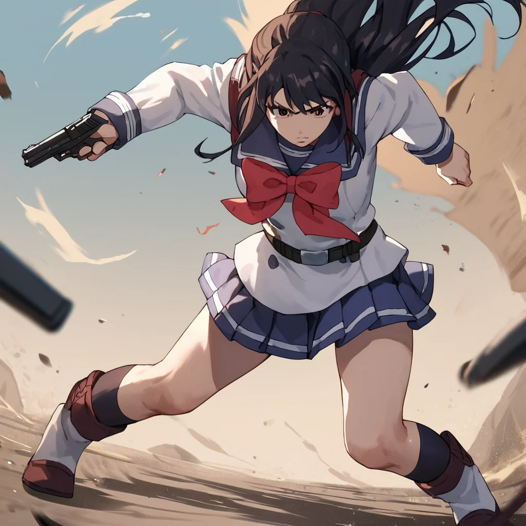 score_9, score_8_up, score_7_up, score_6_up, score_5_up, score_4_up, source_anime, YuriHonjo, school uniform, fighting, pistol