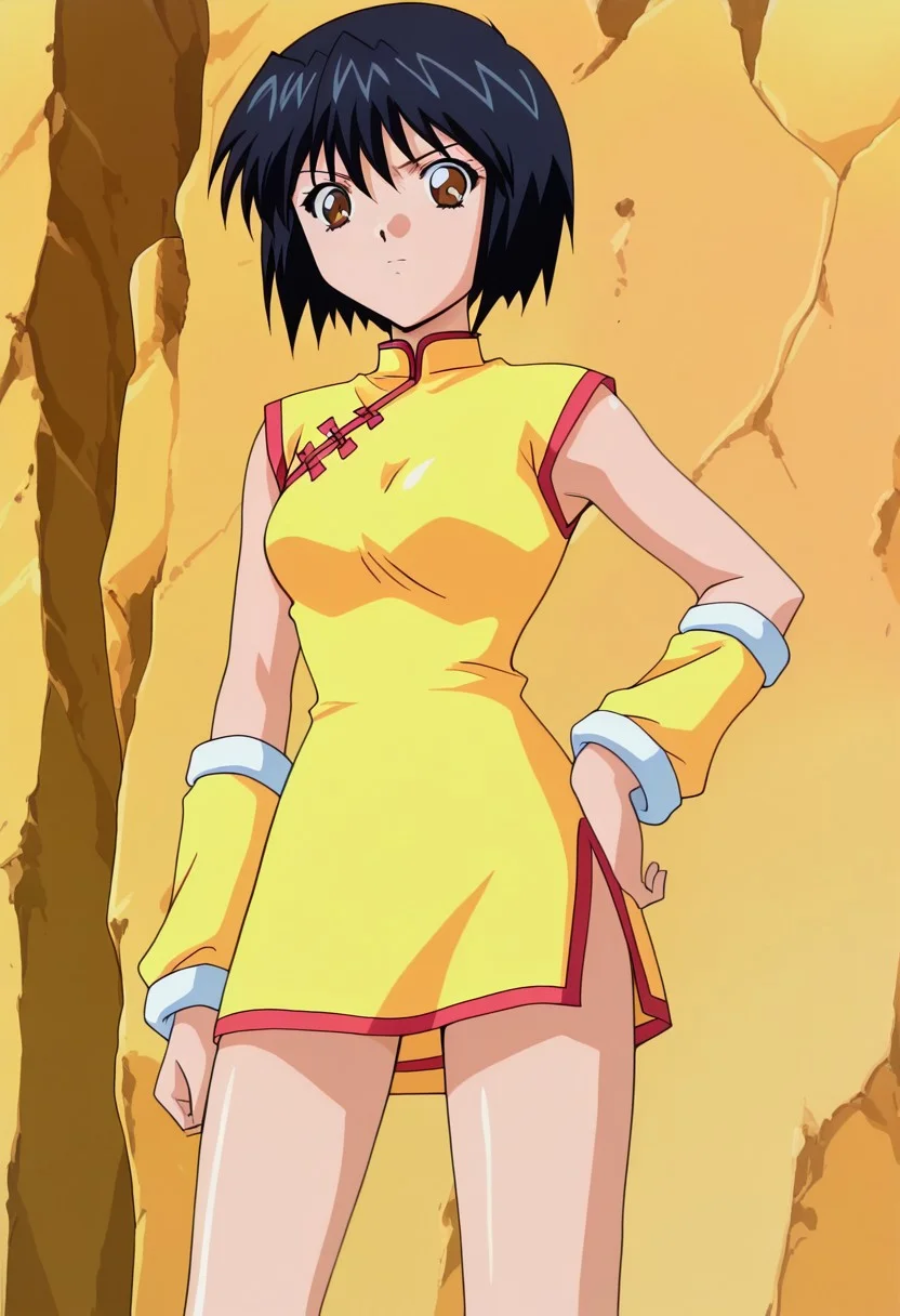oficial art, detailed anime, screencap, score_9, score_8_up, score_7_up, master piece, anime coloring, source_anime, ultra detailed anime art, hyper detailed anime art, cowboy shot, standing, hand on hip, looking at viewer, Suzie Normal, 1girl, solo, chinese clothes, china dress, dress, side slit, black hair, short hair, short dress, yellow dress, brown eyes, yellow detached sleeves, short sleeves, sleeveless, breasts, bare legs, retro artstyle, yellow ankle boots, boots, generic desertic wasteland background,