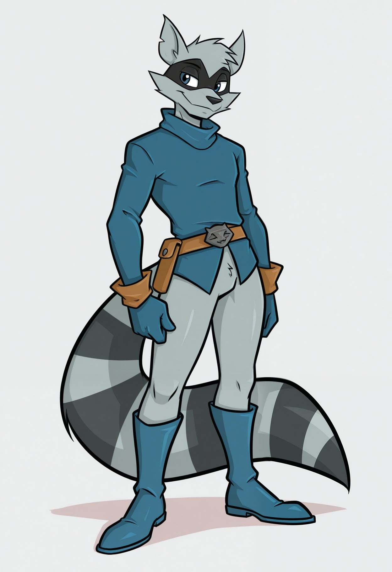 masterpiece,best quality,amazing quality, 1boy, solo, c00p3r, anthro raccoon, grey fur, blue eyes, eye mask, blue longsleeve shirt, cooper's belt, gloves, bottomless, blue boots, full body, raccoon tail,