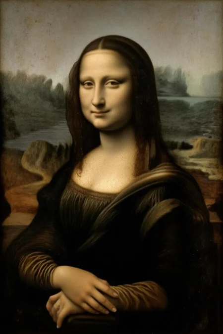 davinci1 painting. A woman with long, flowing hair wears a dark dress with intricate detailing. Her hands are clasped together in front of her. Lighting enhances the depth of her figure. The background features a landscape with mountains and a body of water. <lora:davinci1_cap_d6a3e12:1.0><lora:852179270515069912:0>