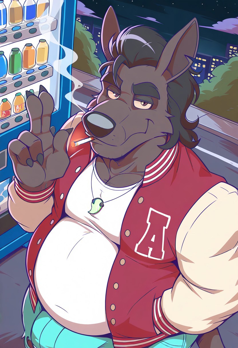 detail background, anthro kangaroo, solo, 1boy, masculine, fat, obese, big belly, brown body/fur, thick eyebrows, brown eyes, kangaroo tail, short ears, black nose, pointed ears, thick arms, large claws, three toes, black hair, slicked back, slightly messy hair,, red varsity jacket, torn white tank top, turquoise ripped jeans, torn knees, chain necklace, tooth pendant, tight pants, BREAK on the street, vending machine, at night, clouds, hand gesture, smoke, smoking cigarette, looking at viewer, from above, dutch angle, close up, upper body, conceited, closed mouth