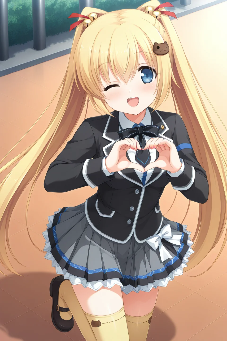 masterpiece, best quality, absurdres, official art, official style, rating general BREAK <lora:asasakameguri_IL_v1-4:0.7>, asasaka meguri, 1girl, solo, blue eyes, blonde hair, twintails, hair between eyes, very long hair, hair ribbon, red ribbon, hair bell, jingle bell, cat hair ornament, small breasts, school uniform, blazer, black jacket, buttons, long sleeves, pocket, striped sleeves, white shirt, collared shirt, (black bowtie:1.2), black necktie, (short necktie:1.2), waist bow, white bow, grey skirt, blue skirt, high-waist skirt, miniskirt, plaid skirt, pleated skirt, petticoat, zettai ryouiki, yellow thighhighs, print legwear, cat print, ribbon-trimmed legwear, mary janes, black footwear, one eye closed, heart hands, open mouth, smile, ;d, blush, looking at viewer, standing, cowboy shot, from above