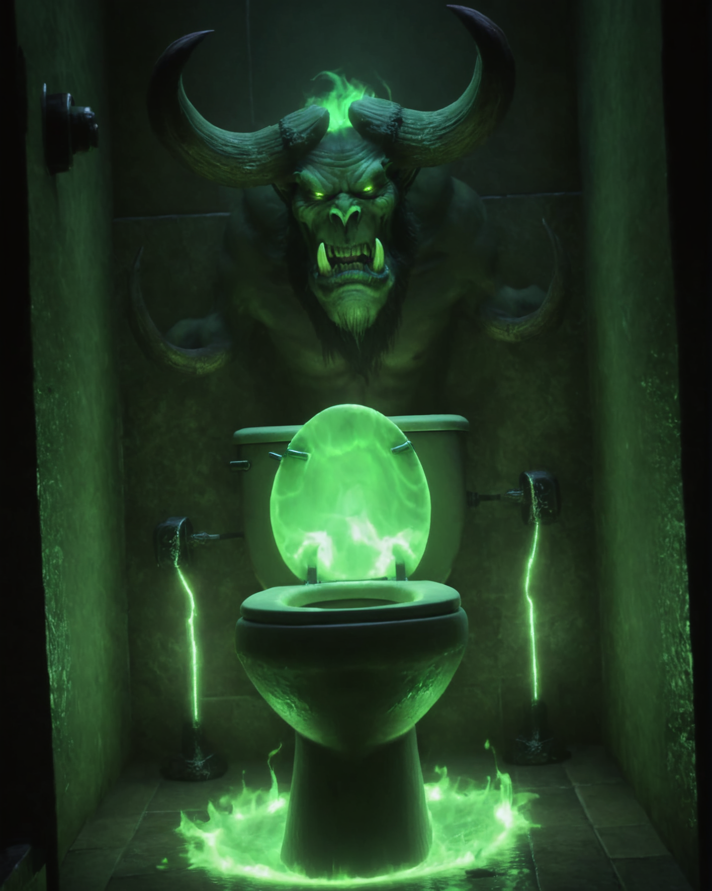 cinewow demon illidary green glowing toilet,epic,cinematic,masterpiece, <lora:cinewow-step00000200:1>