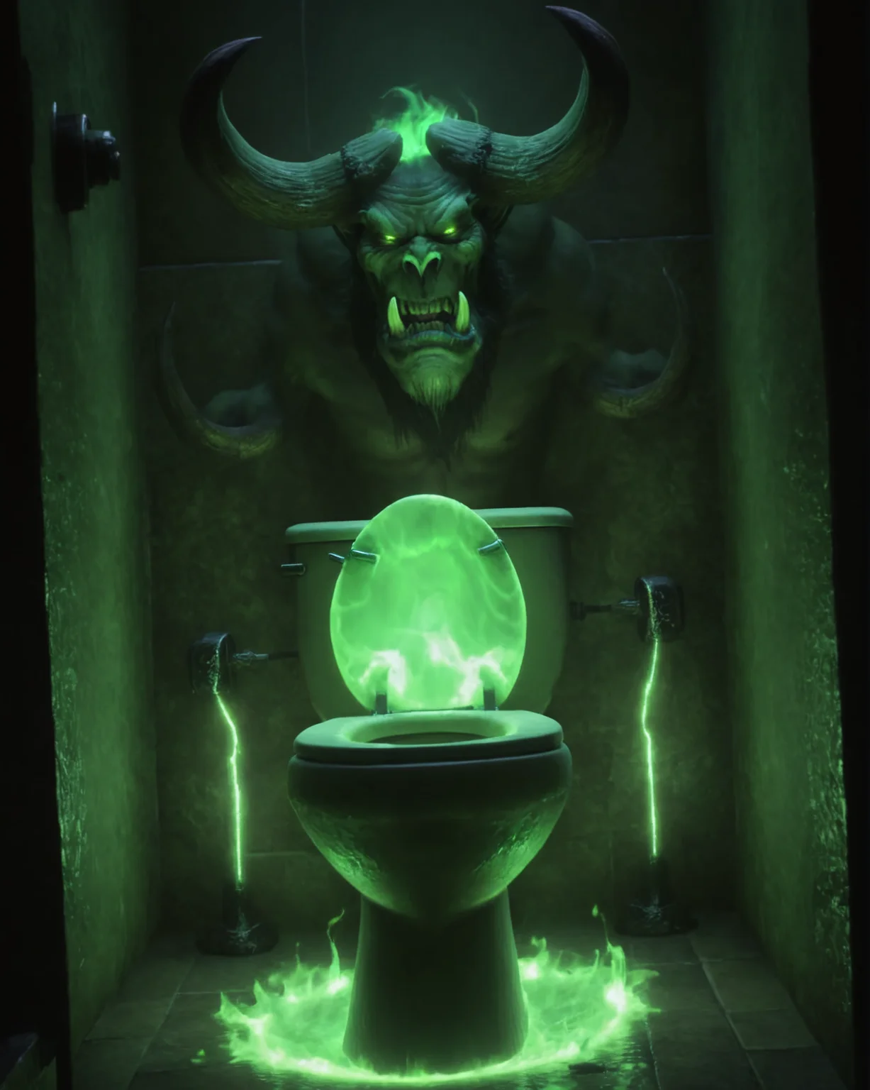 cinewow demon illidary green glowing toilet,epic,cinematic,masterpiece, <lora:cinewow-step00000200:1>