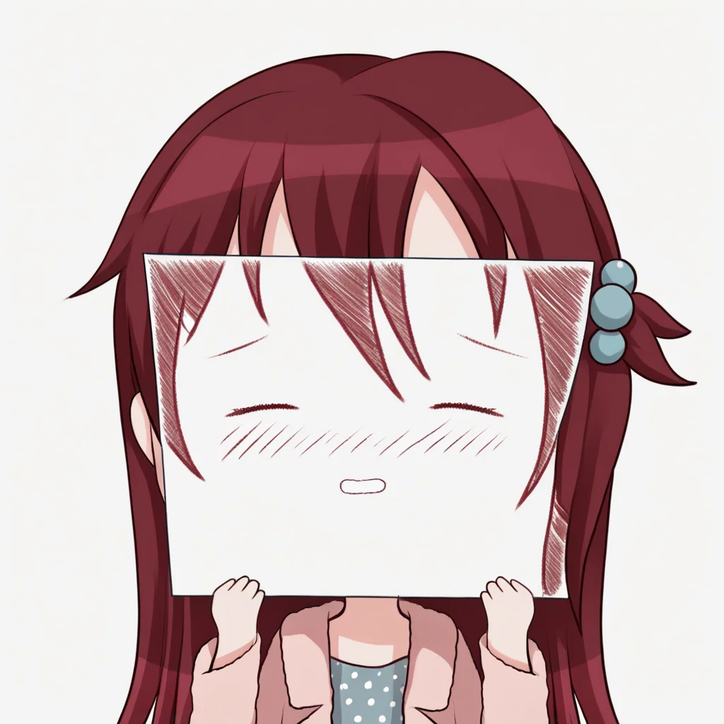 score_9, score_8_up, score_7_up, <lora:PaperLikeFacePony:0.8>
PaperLikeFace, 1girl, solo, long hair, blush, simple background, wearing a dress with polka dots, long sleeves, white background, dress, holding a jacket, closed eyes, upper body, red hair with hair ornament, parted lips, chibi, hands up, open jacket,
