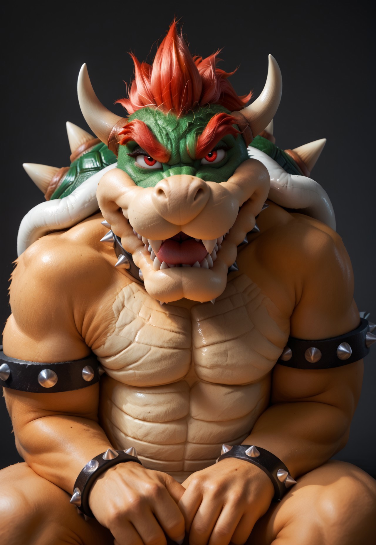 safe_pos, score_9, score_8_up, score_7_up, score_6_up, score_5_up, score_4_up, source_furry, hi res, solo, Bowser, Spiked Bracelets, Spiked Collar, Spiky Shell, red eyes,   anthro, male,  seductive look, sexy pose, biting lip