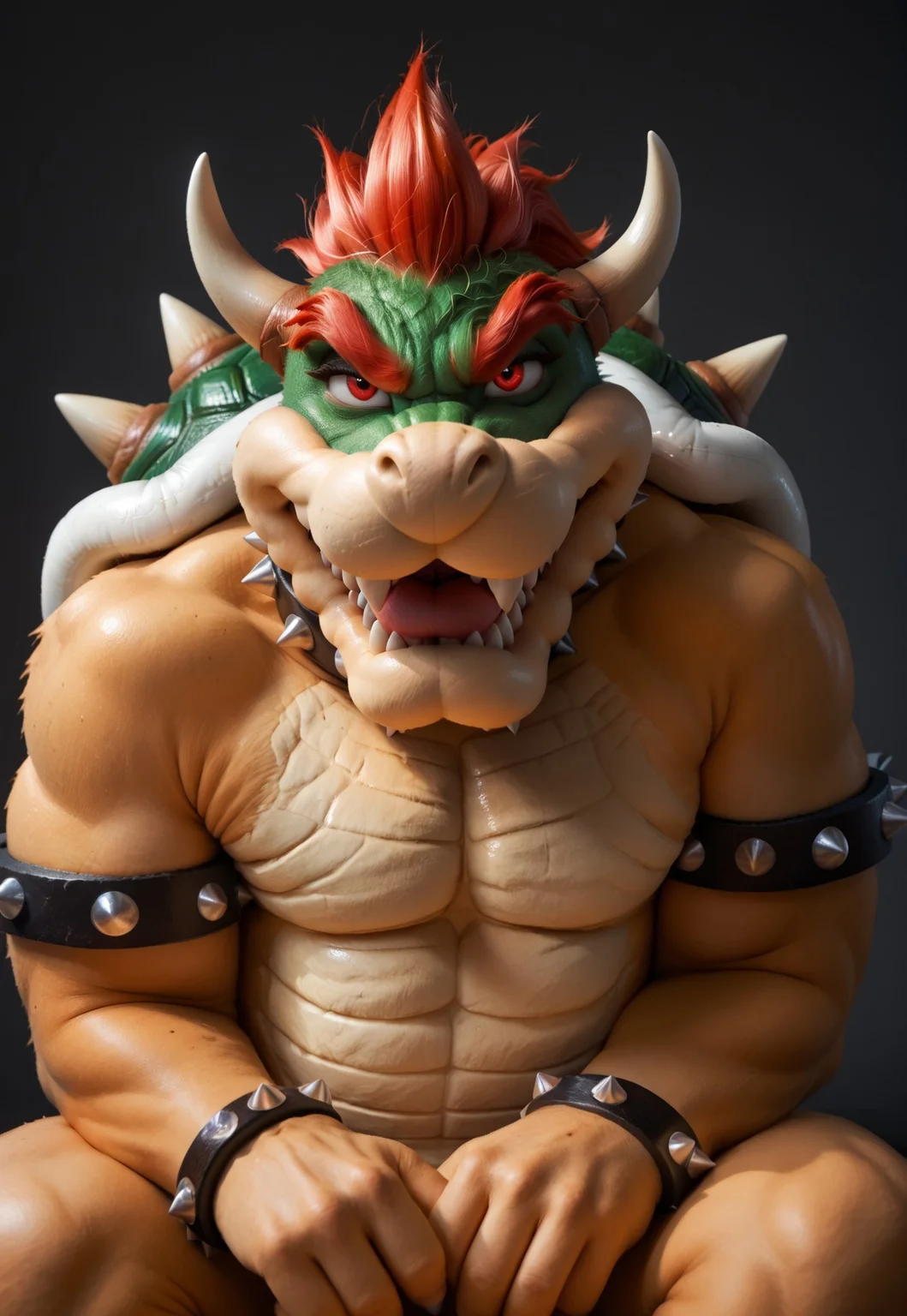 safe_pos, score_9, score_8_up, score_7_up, score_6_up, score_5_up, score_4_up, source_furry, hi res, solo, Bowser, Spiked Bracelets, Spiked Collar, Spiky Shell, red eyes, anthro, male, seductive look, sexy pose, biting lip