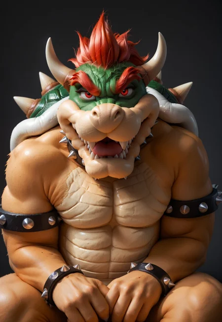 safe_pos, score_9, score_8_up, score_7_up, score_6_up, score_5_up, score_4_up, source_furry, hi res, solo, Bowser, Spiked Bracelets, Spiked Collar, Spiky Shell, red eyes, anthro, male, seductive look, sexy pose, biting lip