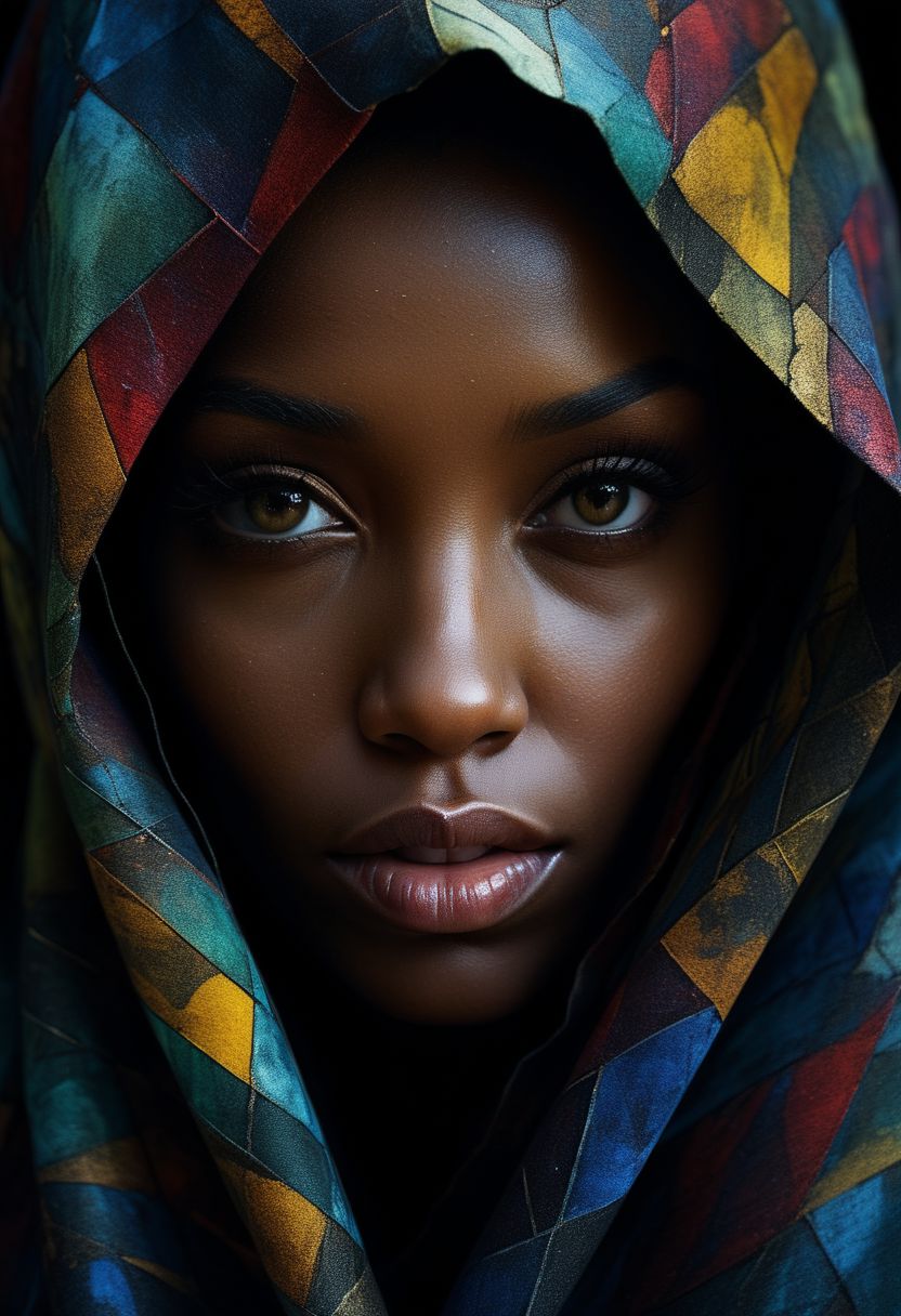 Close-up face, mysterious silhouette of an exotic coloured woman in worn down cape, goddess, alluring, by Minjae Lee, Carne Griffiths, Emily Kell, Steve McCurry, Geoffroy Thoorens, Aaron Horkey, Jordan Grimmer, Greg Rutkowski, amazing depth, double exposure, surreal, geometric patterns, intricately detailed, bokeh,  perfect balanced, deep fine borders, artistic photorealism , smooth,  great masterwork by Suiras  <lora:add-detail-xl:2>  <lora:Double_Exposure:0.5>
