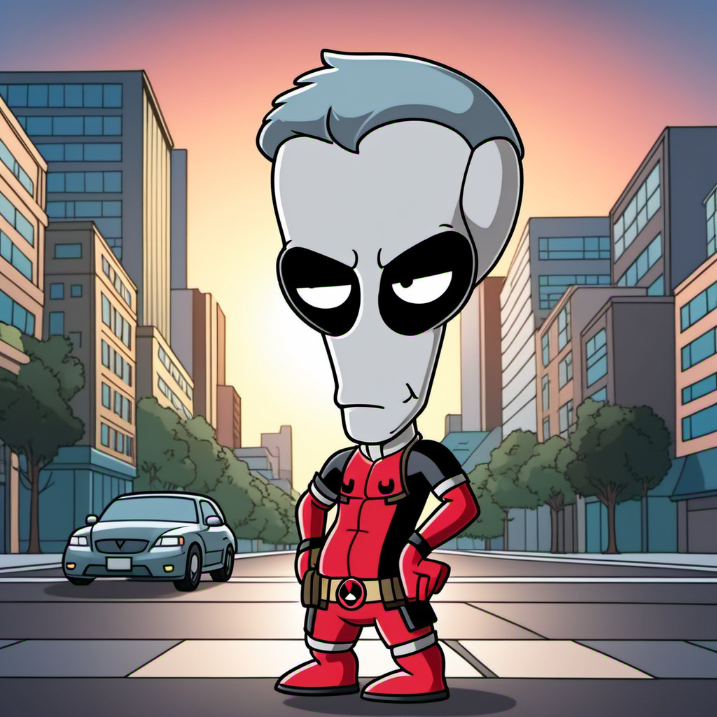 cinematic photo Advertising poster style a cartoon character with grey skin dressed as deadpool, city background <lora:Rodger1024:0.9>  . 35mm photograph, film, bokeh, professional, 4k, highly detailed