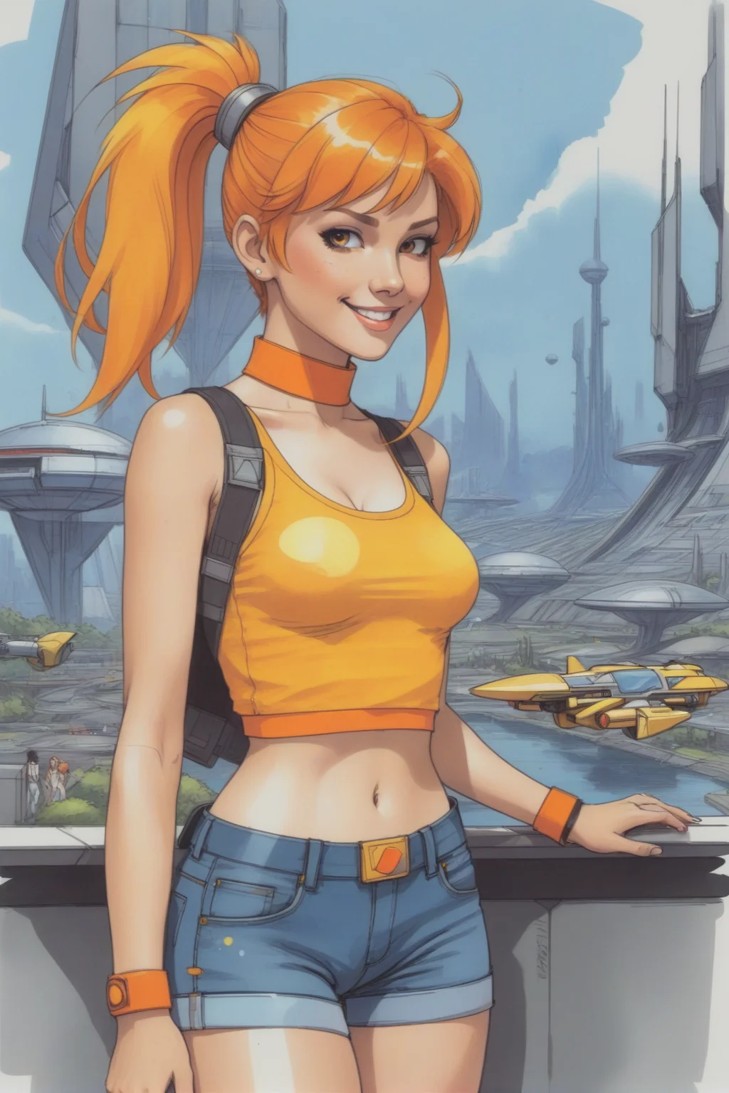 alcohol ink marker portrait sketch of Misty_Pokemon, yellow crop top, suspenders, side ponytail, orange hair, denim shorts, solo, smiling, blushing, looking at viewer, futuristic utopia city scene with spaceships in background, concept art by syd mead, blade runner, <lora:concept_art_syd_mead:0.9>