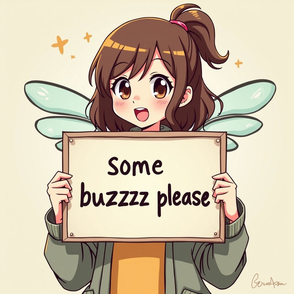cute woman holding a sign "some buzzzzz please",anime style