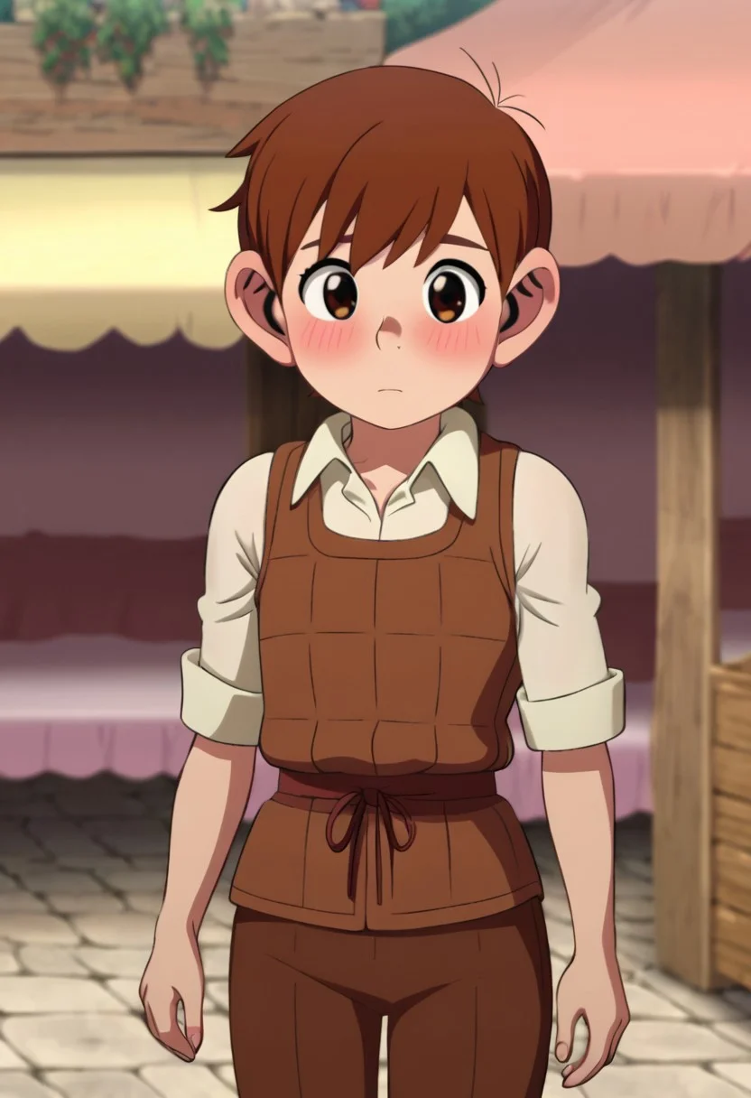 chilchuck tims with tiny ear, brown hair, brown eyes, solo, wear crop clothes, walking in market, blush, medium build body,